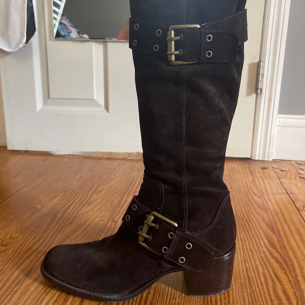 Jessica Bennett Brown Suede Riding Boots with Gold Buckles